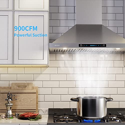 IKTCH 30 inch Wall Mount Range Hood 900 CFM Ducted/Ductless Convertible, Kitchen Chimney Vent Stainless Steel with Gesture Sensing & Touch Control Switch Panel, 2 Pcs Adjustable Lights(IKP02-30)