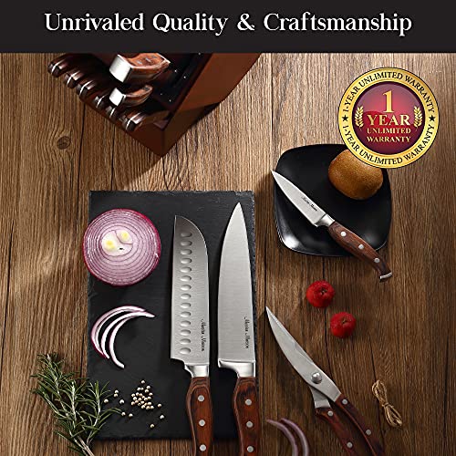 15-Piece Premium Kitchen Knife Set With Block | Master Maison German Stainless Steel Knives With Knife Sharpener & 6 Steak Knives (Walnut)