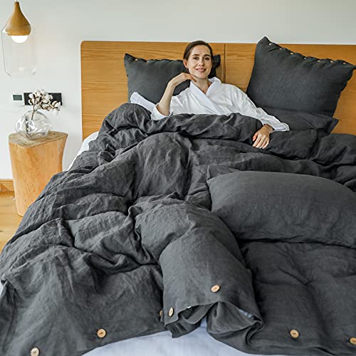 Simple&Opulence 100% Washed Linen Duvet Cover Set-Soft Natural Flax Bedding Set (1 Duvet Cover+ 2 Pillowcases)-Farmhouse Comforter Set with Coconut Button Closure (King, Charcoal Grey)