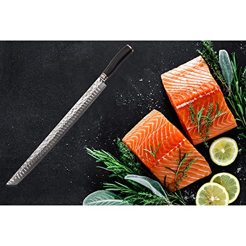 YOUSUNLONG Sakimaru Knife 15 inch(380mm) Ultimate Japanese Damascus Steel Fillet Knives Suitable for cutting tuna and salmon-Natural Ebony Handle With Leather Sheath