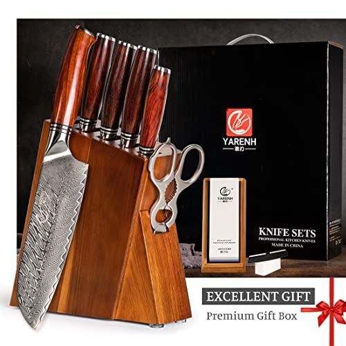 YARENH Kitchen Knife Set with Block, 8 Piece, Sharp Professional Chef Knife Set, 73 Layers Japanese Damascus High Carbon Stainless Steel, Full Tang Dalbergia Wood Handle, Gift Box - Sales4U