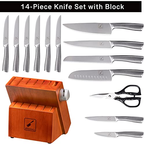 Kitchen Knife Set with Block, imarku 14-Piece High Carbon Stainless Steel Knife Set, One-piece Dishwasher Safe Kitchen Knives Set, Chef Knife Set with Built-in Sharpener, Non-slip Ergonomic Handle