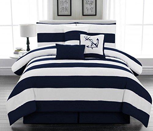 Legacy Decor 7pc. Microfiber Nautical Themed Comforter Set, Navy Blue and White Striped Full, Queen, and King Sizes (Cal King) - Sales4U