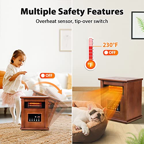 Electric Infrared Space Heater, Quartz Heater for Indoor Use, Tip-Over & Overheat Protection with Remote Control, 3 Heat Settings, 12H Timer, 1500W for Large Room Basement Heating