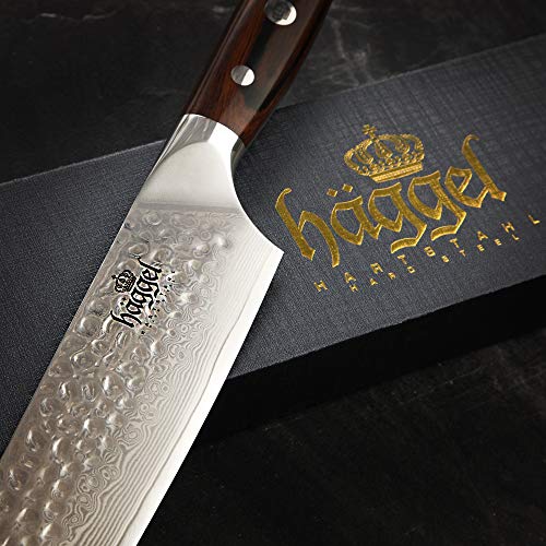 Haggel 8" Professional Chef Knife Damascus Steel - VG10 Grade - the best Value Razor Sharp Kitchen Knife - Hand Hammered Stainless Steel blade - Full Tang Rosewood Handle