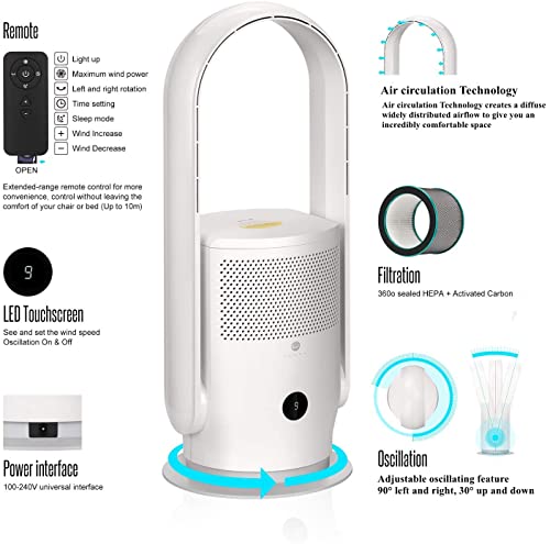 ULTTY Bladeless Tower Fan and Air Purifier in one, 90° Oscillating Bladeless Fan with Remote, Touch, 8H Timer, Floor Fans for Bedroom Whole Room Home Office, White