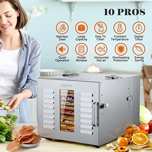 Septree Food Dehydrator for Jerky, Meat, Fruit, Beef, Herbs, and Pet Food, 10 Trays Stainless Steel Commercial Dryer Machine, 1000W, Adjustable Timer, Digital Temperature Control, Over Heat Protection, Silver - Sales4U