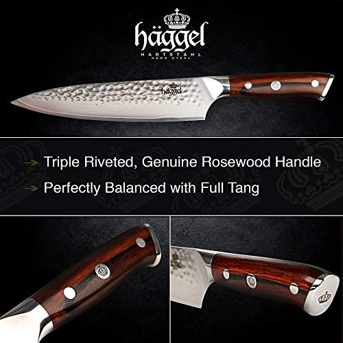 Haggel 8" Professional Chef Knife Damascus Steel - VG10 Grade - the best Value Razor Sharp Kitchen Knife - Hand Hammered Stainless Steel blade - Full Tang Rosewood Handle