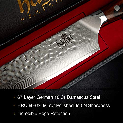 Haggel 8" Professional Chef Knife Damascus Steel - VG10 Grade - the best Value Razor Sharp Kitchen Knife - Hand Hammered Stainless Steel blade - Full Tang Rosewood Handle