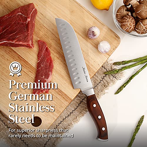 15-Piece Premium Kitchen Knife Set With Block | Master Maison German Stainless Steel Knives With Knife Sharpener & 6 Steak Knives (Walnut)