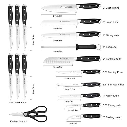 Emojoy Knife Set, 18-Piece Kitchen Knife Set with Block Wooden, Manual Sharpening for Chef Knife Set, German Stainless Steel