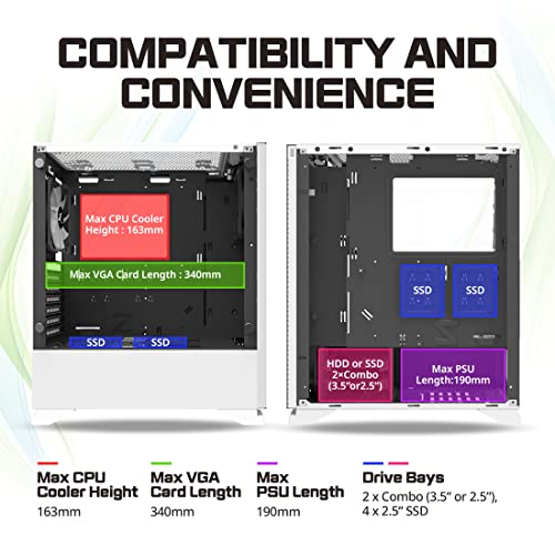 Zalman S5 Mid Tower PC Gaming ATX Computer Case, Preinstalled 1x 120mm RGB Fan and 1x 120mm Fan, Thick 4mm Tempered Glass Side, AIO Water Cooler Bracket, Front Panel RGB Strip (White)