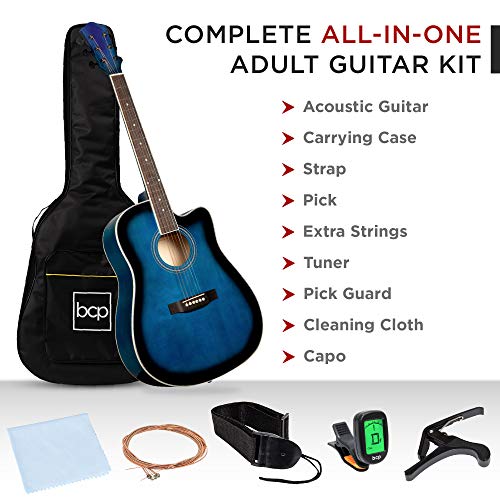 Best Choice Products 41in Beginner Acoustic Guitar Full Size All Wood Cutaway Guitar Starter Set Bundle with Case, Strap, Capo, Strings, Picks, Tuner - Blue