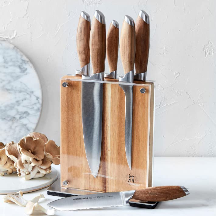 Schmidt Brothers - Bonded Teak, 7-Piece Knife Set, High-Carbon Stainless Steel Cutlery with Midtown Acacia and Acrylic Magnetic Knife Block