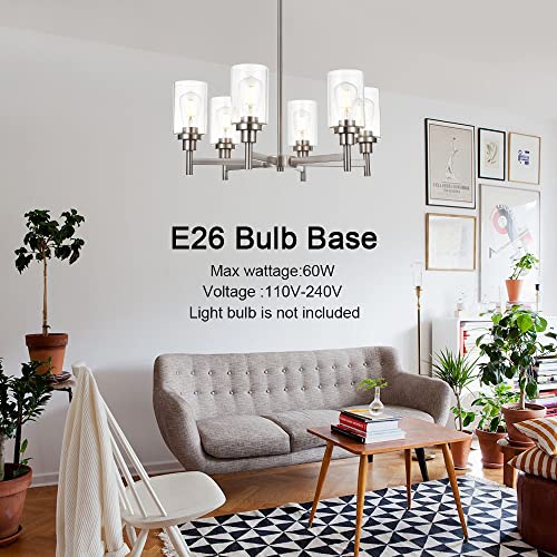 VINLUZ 6 Light Contemporary Chandelier Brushed Nickel Modern Pendant Lighting Cylinder Clear Glass Shaded Classic Ceiling Light Fixtures for Living Room Dining Room Kitchen