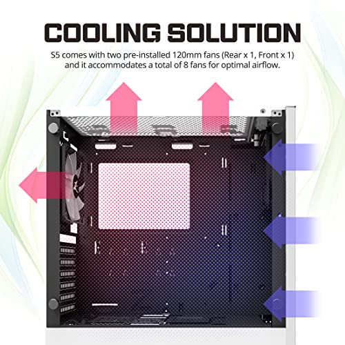 Zalman S5 Mid Tower PC Gaming ATX Computer Case, Preinstalled 1x 120mm RGB Fan and 1x 120mm Fan, Thick 4mm Tempered Glass Side, AIO Water Cooler Bracket, Front Panel RGB Strip (White)