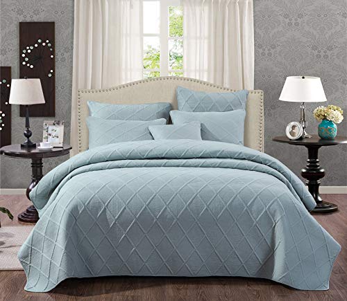 Tache Solid Seafoam Blue Green Soothing Pastel Soft Cotton Geometric Diamond Stitch Pattern Lightweight Quilted Bedspread 3 Piece Set, Queen