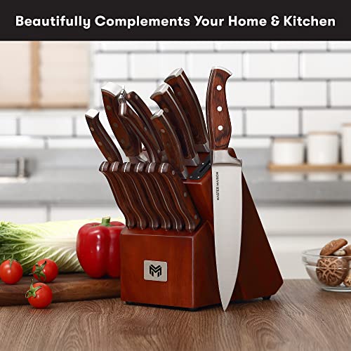 15-Piece Premium Kitchen Knife Set With Block | Master Maison German Stainless Steel Knives With Knife Sharpener & 6 Steak Knives (Walnut)
