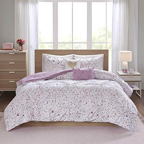 Intelligent Design Abby 5 Piece Comforter Microfiber Metallic Watercolor Print Pintucked Design Embroidered Toss Pillows Modern All Season Bedding Set with Matching Sham, Full/Queen, Plum
