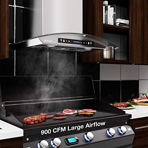 IKTCH 36-inch Wall Mount Range Hood Tempered Glass 900 CFM, Kitchen Chimney Vent Stainless Steel with Gesture Sensing & Touch Control Switch Panel, 2 Pcs Adjustable Lights(IKP03-36)