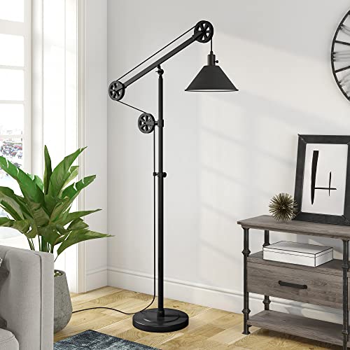 Descartes Pulley System Floor Lamp with Metal Shade in Blackened Bronze/Blackened Bronze