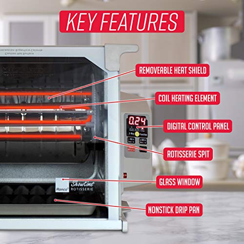 Ronco Showtime Large Capacity Rotisserie & BBQ Oven Platinum Edition, Digital Controls, Perfect Preset Rotation Speed, Self-Basting, Auto Shutoff, Includes Multipurpose Basket