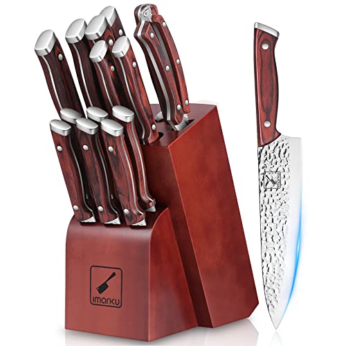 Kitchen Knife Set,imarku 16-Piece Knife Set With Block,Professional German Stainless Steel Knife Set with 6 steak knives and Knife Sharpener,Unique Hammered Design