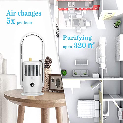 ULTTY Bladeless Tower Fan and Air Purifier in one, 90° Oscillating Bladeless Fan with Remote, Touch, 8H Timer, Floor Fans for Bedroom Whole Room Home Office, White