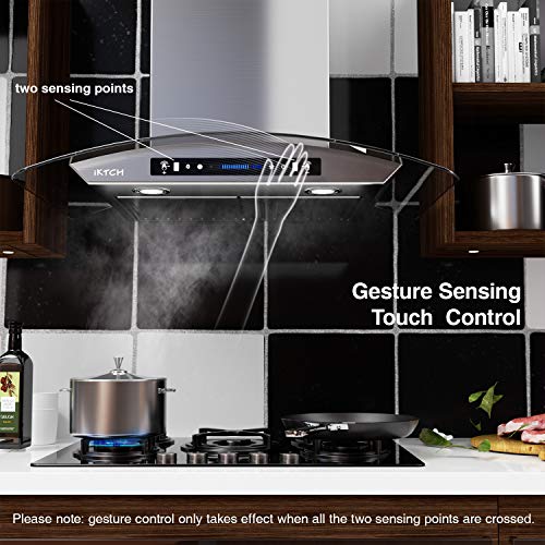 IKTCH 36-inch Wall Mount Range Hood Tempered Glass 900 CFM, Kitchen Chimney Vent Stainless Steel with Gesture Sensing & Touch Control Switch Panel, 2 Pcs Adjustable Lights(IKP03-36)