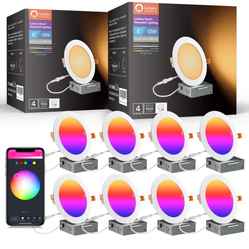 Lumary Smart Recessed Lighting Ultra-Thin 6 Inch LED Recessed Lighting 13W 1100LM with Junction Box Work with Alexa/Google Assistant(6 Inch-8PACK)