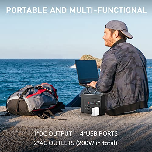powkey 200Watt Portable Power Bank with AC Outlet, Rechargeable Backup Lithium Battery, 110V Pure Sine Wave AC Outlet for Outdoor RV Trip Travel Home Office Emergency