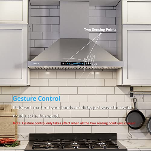 IKTCH 30 inch Wall Mount Range Hood 900 CFM Ducted/Ductless Convertible, Kitchen Chimney Vent Stainless Steel with Gesture Sensing & Touch Control Switch Panel, 2 Pcs Adjustable Lights(IKP02-30)