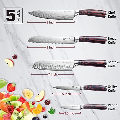 PAUDIN Knife Set, 5 Pcs Kitchen Knife Set with Sharp High Carbon Stainless Steel Forged Blade and Non-Slip Pakkawood Handle, Professional Knives Set for Kitchen, Chef Knife Set Come with Gift Box