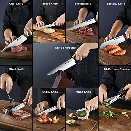 BRODARK Kitchen Knife Set with Block, Upgraded Ultra Sharp 15 PCS German Stainless Steel Professional Chef Knife Set with Knife Sharpener, NSF Certified Full Tang Knife Block Set, Gift for Men I Women