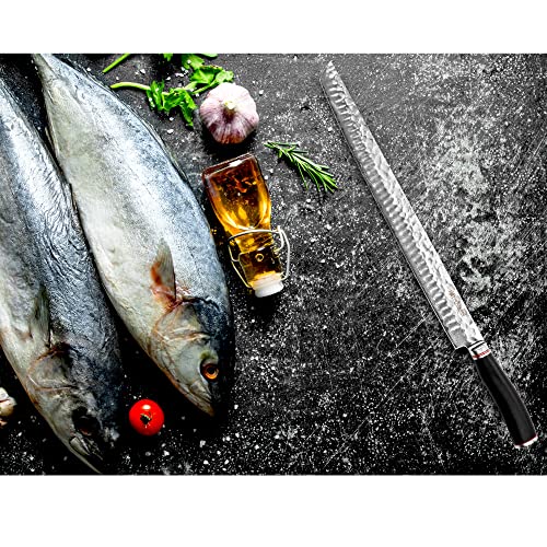 YOUSUNLONG Sakimaru Knife 15 inch(380mm) Ultimate Japanese Damascus Steel Fillet Knives Suitable for cutting tuna and salmon-Natural Ebony Handle With Leather Sheath
