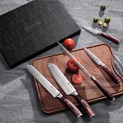 PAUDIN Knife Set, 5 Pcs Kitchen Knife Set with Sharp High Carbon Stainless Steel Forged Blade and Non-Slip Pakkawood Handle, Professional Knives Set for Kitchen, Chef Knife Set Come with Gift Box