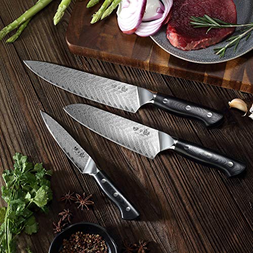 SIXILANG Knife Set, Professional Damascus Chef Knives 3 PCS, 67 Layer Japanese AUS10 Steel Core Forged Kitchen Knives, Well-Balanced Full Tang Handle Triple Rivet Handle with Premium black Gift Box