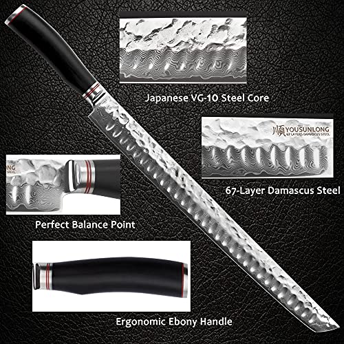 YOUSUNLONG Sakimaru Knife 15 inch(380mm) Ultimate Japanese Damascus Steel Fillet Knives Suitable for cutting tuna and salmon-Natural Ebony Handle With Leather Sheath